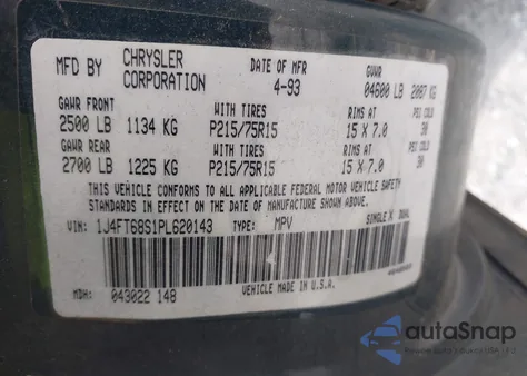 1993 Jeep Cherokee Sport z USA, uszkodzony, nr VIN 1J4FT68S1PL620143